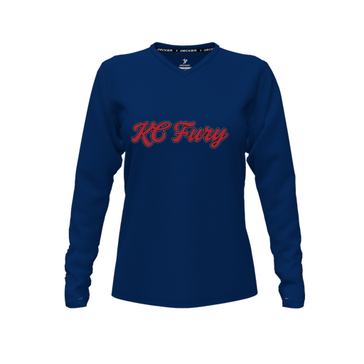 [CUS-DFW-TEES-CMF-VNK-LSL-NVY-FYXS-LOGO3] Comfort T-Shirt (Female Youth XS, Navy, V Neck, Logo 3, Long Sleeve)