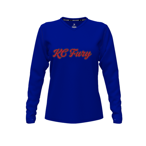 [CUS-DFW-TEES-CMF-VNK-LSL-RYL-FYXS-LOGO3] Decker Comfort T-Shirt (Female Youth XS, Royal, V Neck, Logo 3, Long Sleeve)