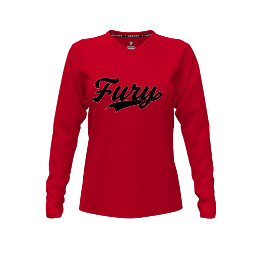 [CUS-DFW-TEES-CMF-VNK-LSL-RED-FYXS-LOGO2] Decker Comfort T-Shirt (Female Youth XS, Red, V Neck, Logo 2, Long Sleeve)