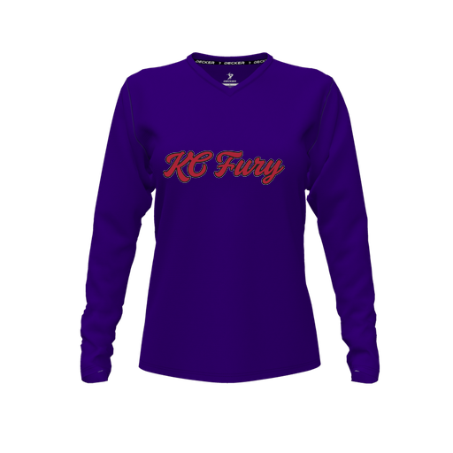 [CUS-DFW-TEES-CMF-VNK-LSL-PUR-FYXS-LOGO3] Decker Comfort T-Shirt (Female Youth XS, Purple, V Neck, Logo 3, Long Sleeve)