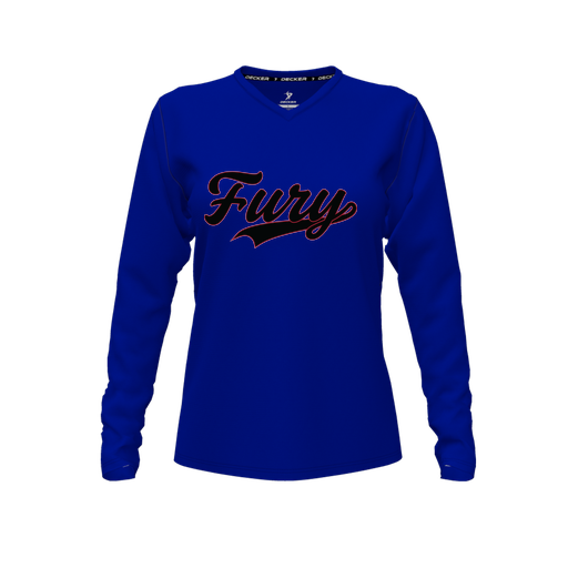 [FTLVPTRY-FYXS-LOGO2] Decker Performance T-Shirt (Female Youth XS, Royal, V Neck, Logo 2, Long Sleeve)